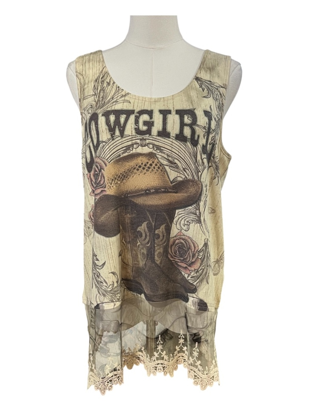 EUC Origami Cowgirl Cowboy Hat & Boots Lace Tank | Size L